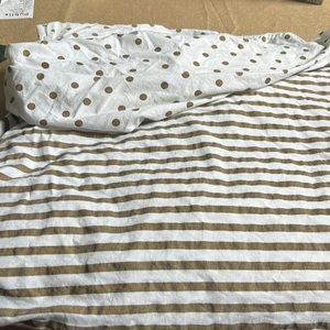 Pottery Barn queen duvet cover, gold and white stripe/polka dot *see photos*